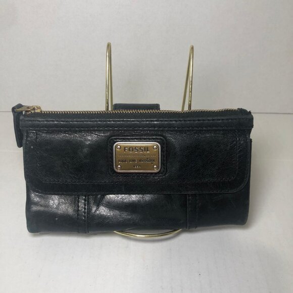 Fossil Wallet Clutch Black Long Live Vintage 1954 Emory Black Lamb Hide Bifold - Picture 1 of 15